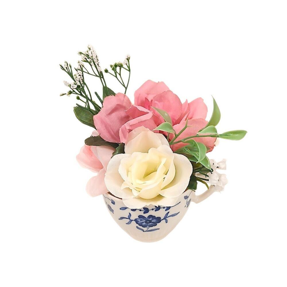 Dainty Pink White Roses Floral Arrangement Tea Party Cup POP-IN Birthday‎ Bridal
